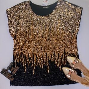 🆕PRETTY GUIDE Women’s Gold & Black Sequin Capped Sleeve Top